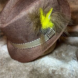 Brown Fedora with Yellow Feather Accent